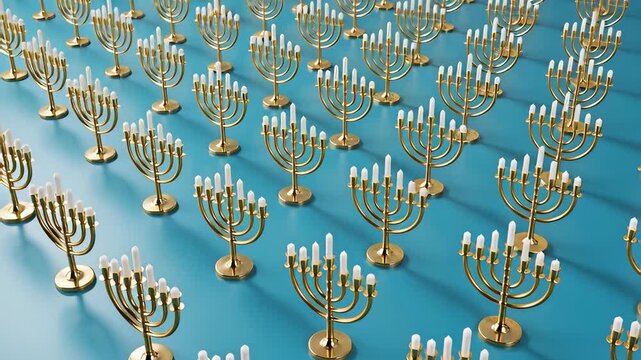 Rows of golden menorahs with burning white candles arranged in a seamless grid on a vibrant blue background, illustrating a festive 3D animation for Hanukkah celebrations and Jewish holiday concepts.