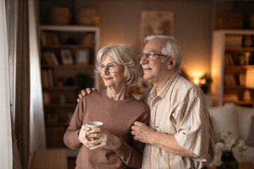 Warm Moments Between Elderly Couple At Home, Comfortably Standing By Window With Coffee