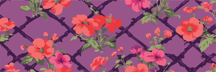 보라색 배경에 붉은색과 분홍색 꽃이 덩굴처럼 얽힌 아름다운 패턴 디자인