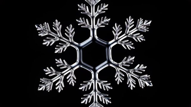 Symmetrical white snowflake crystallizing and growing intricate ice branches on a black background in a cinematic macro animation, illustrating winter holiday and nature concepts.