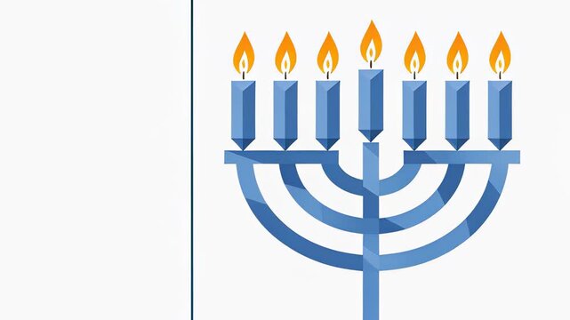 Minimalist blue menorah with glowing candles on a white background with copy space, showcasing a flat illustration style for a Jewish Hanukkah greeting.