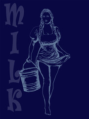 An illustration in the form of a sketch of a beautiful girl carrying a bucket and holding the hem of her dress with her hand on a blue background with the inscription "milk".
