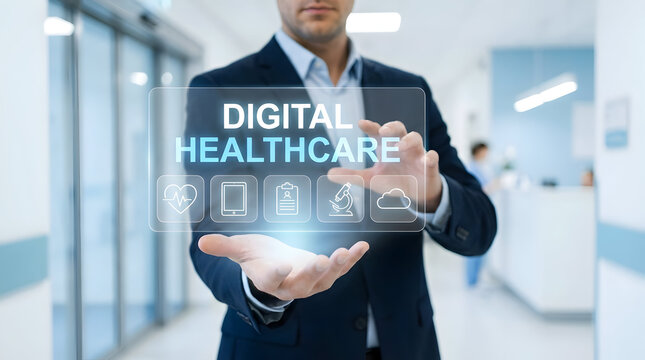 Businessman presenting digital healthcare solutions in modern office - Powered by Adobe