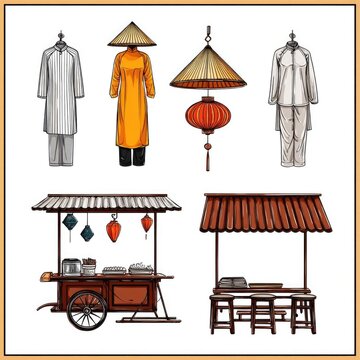 Trajes y vestuarios asi&aacute;ticos en gr&aacute;fica minimalista. Vietnam, Laos, Cambodia.