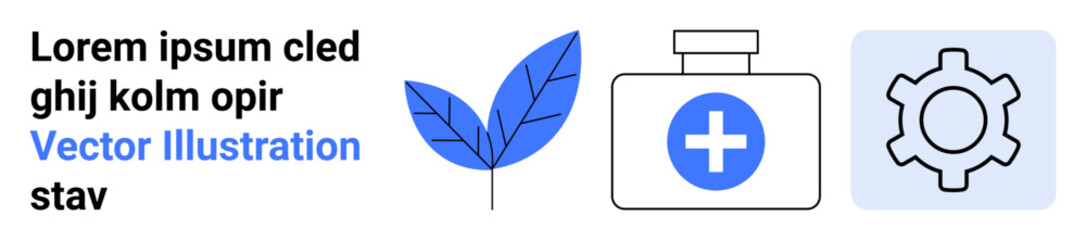 Blue leaf, medical kit featuring a cross, and gear icon symbolizing health, nature, and innovation. Ideal for healthcare, wellness, nature, environment science technology simple landing page