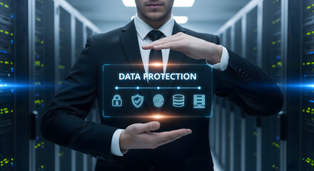 Businessman protecting data with secure technology in server room
