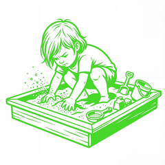 Child plays in sandbox with toys during daylight hours in color: chartreuse 2