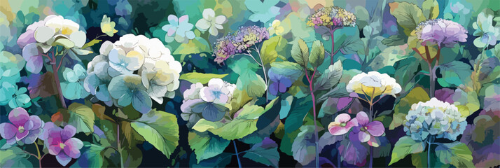 풍성한 수국과 작은 꽃들이 어우러진 몽환적인 정원 일러스트