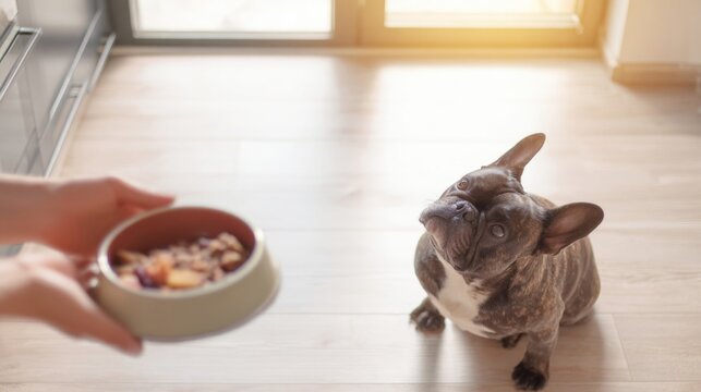Cachorro de buldog franc&eacute;s esperando por su comida. Concepto de salud veterinaria.