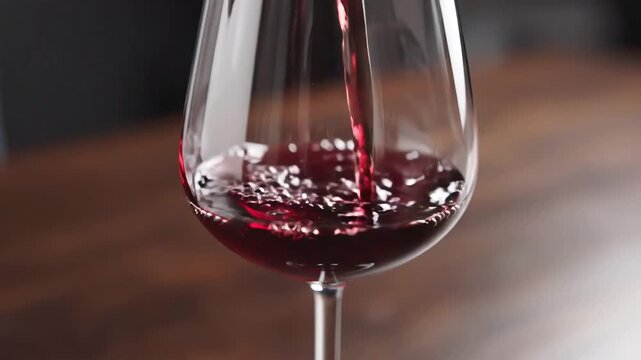 Pouring red wine into a glass creating a beautiful splash and rich color.