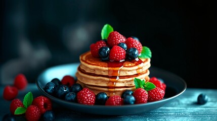 A stack of pancakes drizzled with maple syrup and garnished with raspberries, blueberries, and mint leaves on a dark plate