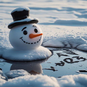 Un joyeux bonhomme de neige souriant avec chapeau noir flottant sur la glace d&rsquo;un lac hivernal