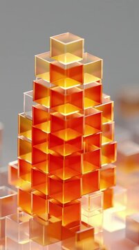 A glowing, transparent pyramid structure made of many orange cubes stacked precisely on a reflective surface.