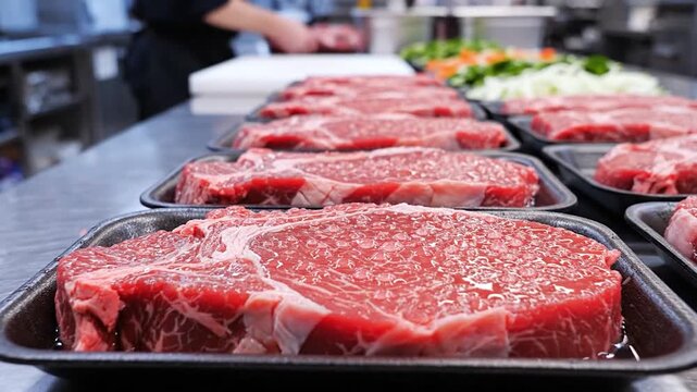 Fresh raw beef steaks in packaging preparation food photography