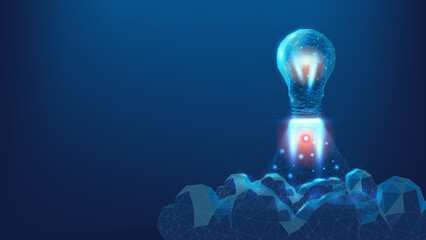 A glowing light bulb concept representing innovation and creativity against a dark blue background. © GenBy