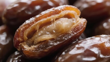 Macro photograph of a sweet dried date fruit split open.