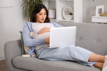 Fototapeta premium Young pregnant woman working with laptop on sofa at home