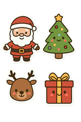 Kawaii-style vector Christmas stickers, kid-friendly New Year party clipart, a humorous badge set featuring Santa, a fir tree, a deer, and a present, plus a collection of winter holiday cartoon icons