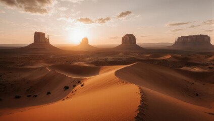 Naklejka premium Majestic Sunset Over Monument Valley Desert Landscape with Towering Buttes and Winding Sand Dunes.
