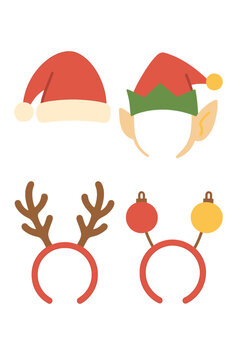 Vector illustration of Christmas hats and decorations featuring Santa Claus hats, whimsical elf ears, deer antlers, and carnival headbands