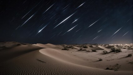 Naklejka premium Meteor Shower Over Desert Dunes Under Starry Night Sky.