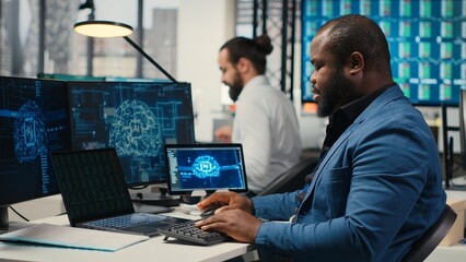 Professional advisor reviewing KPI reports with artificial intelligence tools on computer, working...