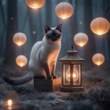 Chat siamois myst&eacute;rieux dans une for&ecirc;t brumeuse, &eacute;clair&eacute; par des lanternes flottantes et une douce lumi&egrave;re
