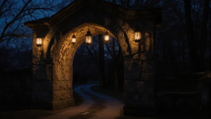 Fototapeta premium Mysterious stone archway illuminated by lanterns at night.
