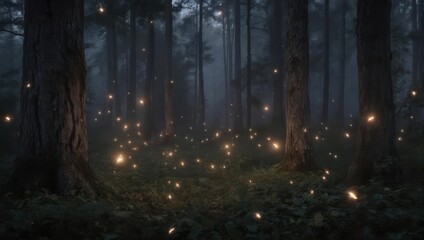 Fototapeta premium Mystical Forest Illumination - A Dreamy Scene with Fireflies.