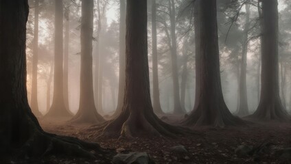 Mystical Forest - Sunlight Filtering Through Foggy Trees.