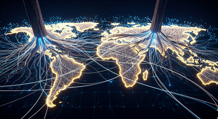 Vibrant Digital World Map Illustrating Global Connectivity and a Powerful Network of Data Flow, Symbolizing Technological Advancement and Interconnectedness Across Continents