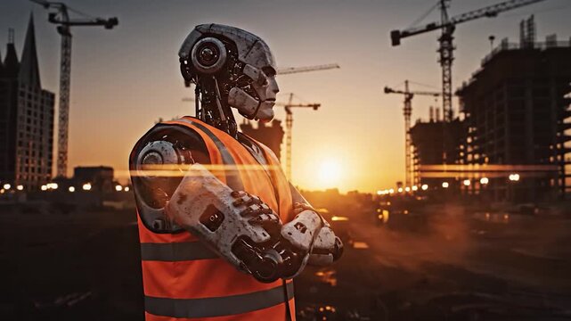 Futuristic robot overseeing construction site at sunset with cranes and urban development