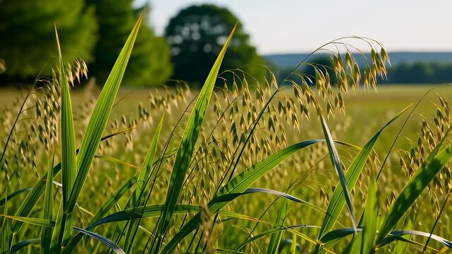 Green oat grass swaying gently in the wind on a sunny summer day with bokeh background, illustrating calm nature concepts.