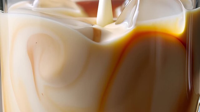Pouring white milk into dark iced coffee with ice cubes in a vertical slow motion close-up, revealing swirling creamy textures and cold brew refreshment for cafe menus.