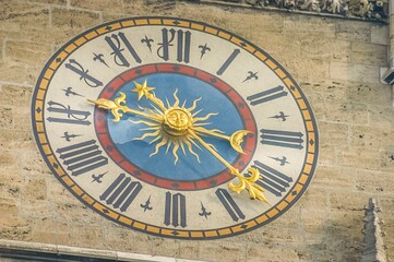 The clock tower at the New Town Hall on the Marienplatz in the center of Munich, Germany