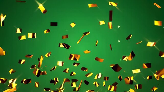 Falling metallic gold confetti raining down on a chroma key green screen background, creating a festive 3D animation ideal for celebration and victory concepts
