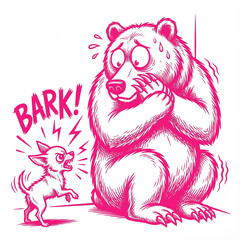 Dog barks at bear in a funny encounter in color: vivid pink bright