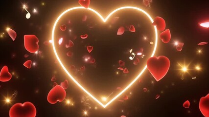 Glowing golden heart aura surrounded by floating red petals and music notes in a romantic scene.