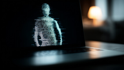 A digital padlock formed by data on a laptop symbolizing online privacy, cybersecurity threats and digital protection.
