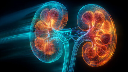 A transparent digital kidney anatomy visualization representing renal function, medical technology and human health research.

