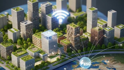 Sustainable Cityscape With Green Rooftops And Wi fi Connectivity Symbol Over Earth Globe - Powered by Adobe