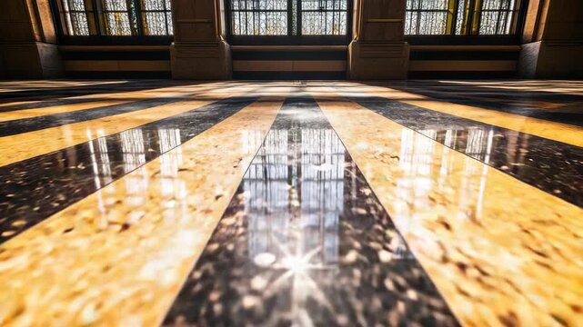 Polished marble terrazzo floor reflection with sunburst rays through tall arched window grand hall