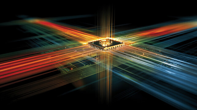 A powerful data processing chip concept symbolizing artificial intelligence digital computation and advanced information technology.
