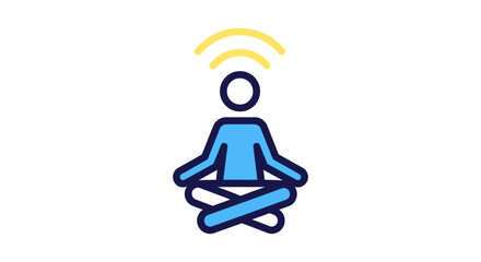 meditation icon of person in lotus position with wifi style signal above head on white background symbolizing mindfulness and mental wellness apps