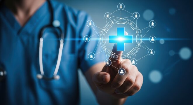 Healthcare professional hand touches glowing medical cross on digital screen symbolizing future network connectivity - Powered by Adobe
