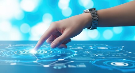 Businessperson hand touches holographic interface illuminating global network data visualization symbolizing modern future technology
