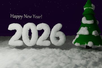 3d render of snowy happy new year text with low poly tree