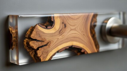 Capturing the intricate detail of an olive wood piece encased in clear resin, a modern interior design accent.