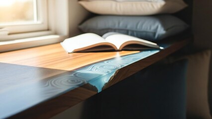 Beautifully crafted wooden table with striking blue resin river design in a sunlit interior.