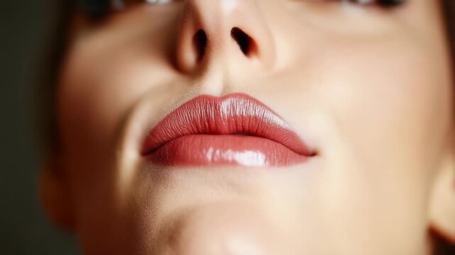 Close up mouth lips teeth glossy lip bright smiling mouth with white teeth expressing joyful bright